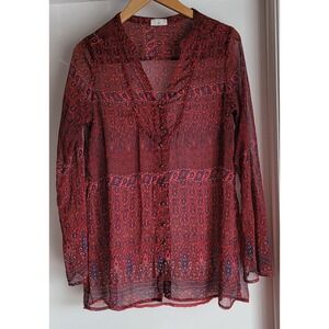 Converse One Star Women's Blouse Size S Paisley Red Sheer Tunic Bohemian‎ Retro